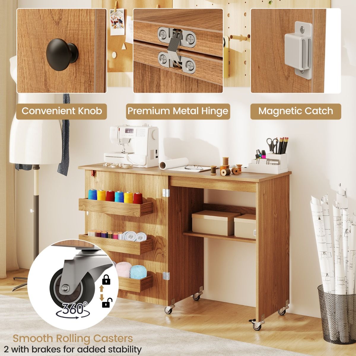 Coast Klappbarer Nähtisch – Mobile Bastelstation mit Ablagegestell – Drei versteckte Aufbewahrungsboxen – Naturfarben – 118,5 x 40 x 79,5 cm