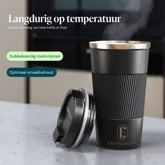 Castagnola Thermobecher – Kaffeebecher zum Mitnehmen – Reisebecher für Kaffee und Tee – Teebecher – 510 ml – Edelstahl – Schwarz