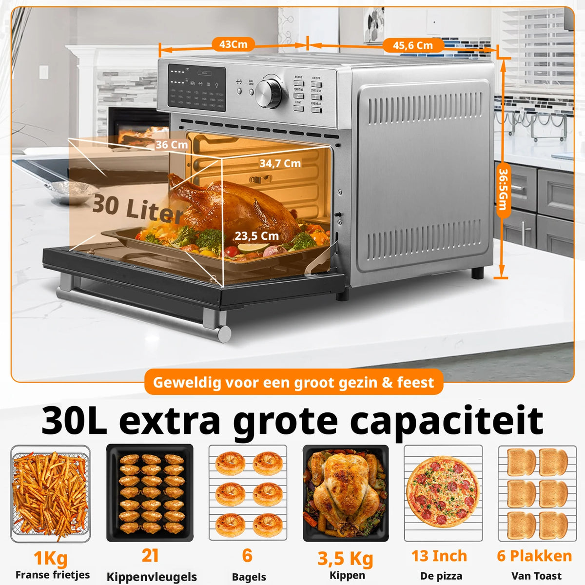 Oimis Airfryer-Backofen 30 Liter – 21 Programme mit Grillspieß und Trocknungsfunktion – 1800 W – 45,6 x 43 x 36,5 cm – Edelstahl silber
