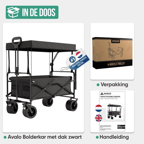 Avalo Wagon mit Dach XL - faltbar - bis zu 110KG - 97x60x105 CM - 120L - 360º Räder - Schwarz