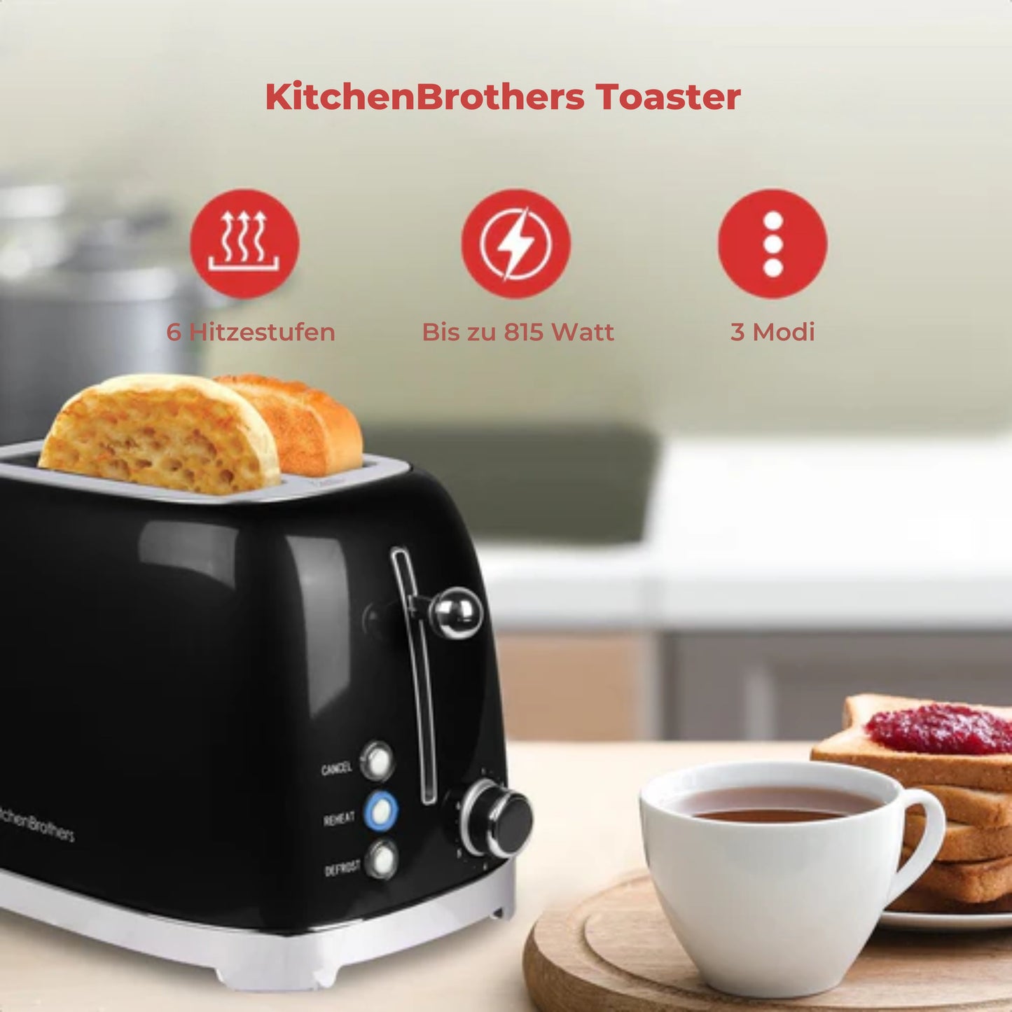 KitchenBrothers Toaster - 6 Heizstufen - 2 extra breite Schlitze - Aufwärm- und Auftaufunktion - Schwarz