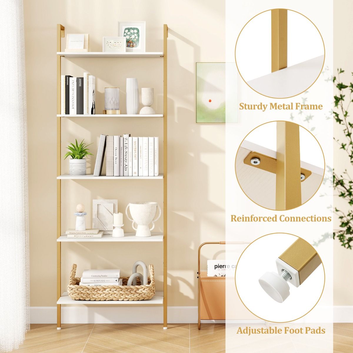 Coast Bücherregal mit 5 Einlegeböden – Wandmontage – Metallrahmen – Weiß und Gold