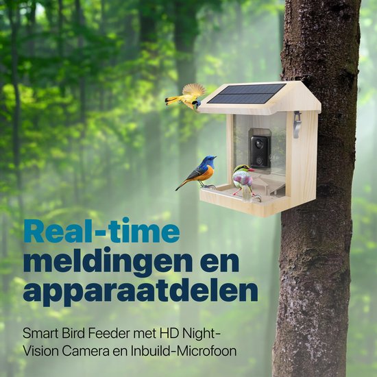 BOME - Vogelfutterautomat - Kamera und Audio - AI-Vogelerkennung - Holz - Doppeltes Solarmodul - Hängend