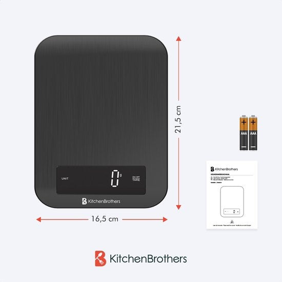 KitchenBrothers Küchenwaage - Küchenwaage - Digital - 1g bis 10kg - Batterien enthalten - Edelstahl/Gunmetal Schwarz