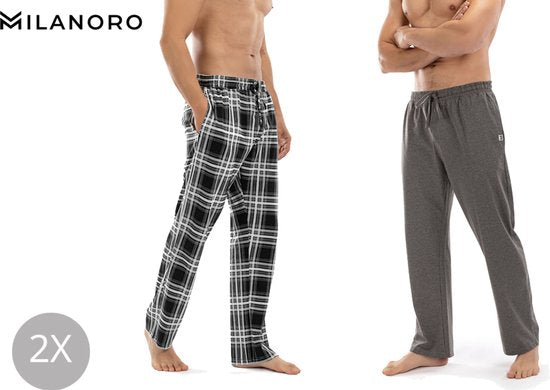 Milanoro - 2er Set Pyjamahose aus Baumwolle für Herren - Anthrazit/Schwarz-Weiß kariert - XL