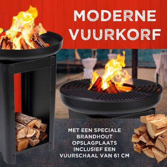 BBQ Collection - 3-in-1 Teppanyaki Grillplatte, BBQ, Feuerstelle - 61 x 90 cm - mit Brennholzaufbewahrung - Edelstahl Schwarz