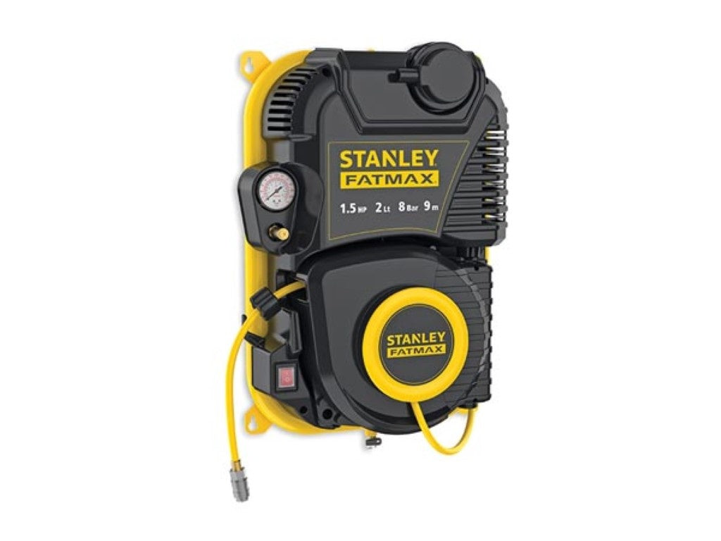 Stanley Fatmax Compressor, ölfreier Luftkompressor mit selbstaufrollender Kabeltrommel, Wandmontage, 1,5 PS, 8 bar, Tankinhalt 2 L