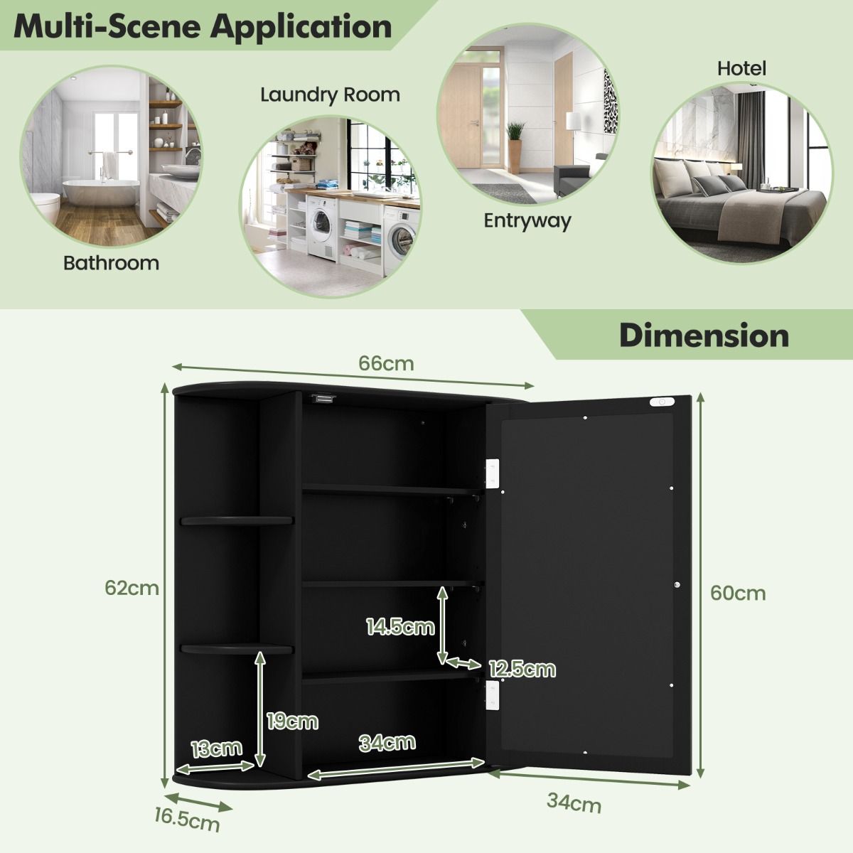 coast Spiegelschrank Bad - 66×17×62 cm - Schwarz - Wandschrank mit Spiegeltür & offenen Regalen
