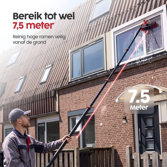 Infinity Goods Teleskop-Fensterreinigungsbürste 7,5 m – Fensterwischer – Fensterwischer – Seifenspender – Wasserdurchlauf – Schwarz/Rot