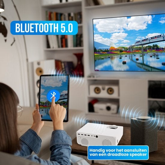 Strex - Beamer - 1080P Full HD - 15000 Lumen - Kabellos - Inklusive Tasche/Projektionsleinwand - WiFi - Bluetooth - Weiß