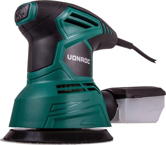 VONROC Exzenterschleifer - 300W - Ø125mm - Mit Staubauffangbox & 12 Stück Schleifpapier