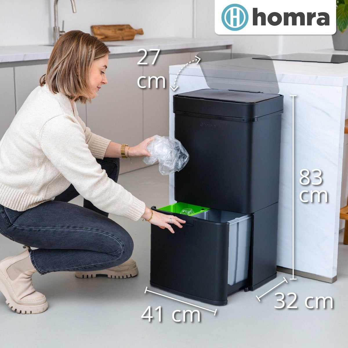 Homra NEXO Sensor-Abfalltrennbehälter Schwarz 72 Liter - 3 Fächer - 2x12L + 48L - Infrarot-Sensor