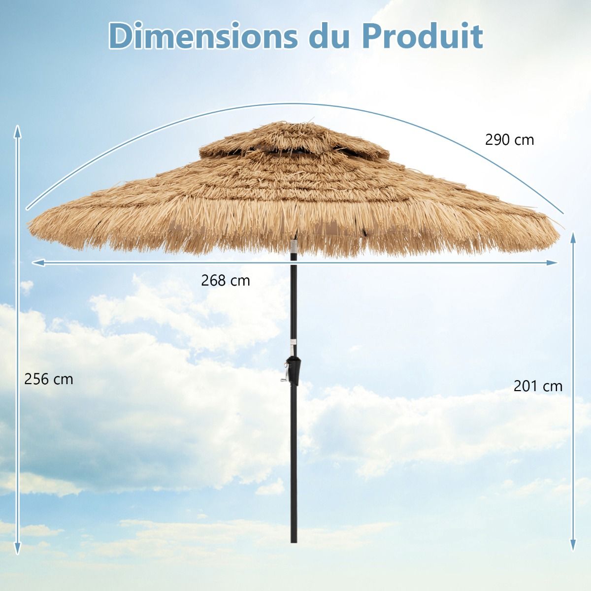 Coast Wicker Sonnenschirm - 32 LED Lichter - neigbar - Hawaii Style - 270 x 270 x 256 cm