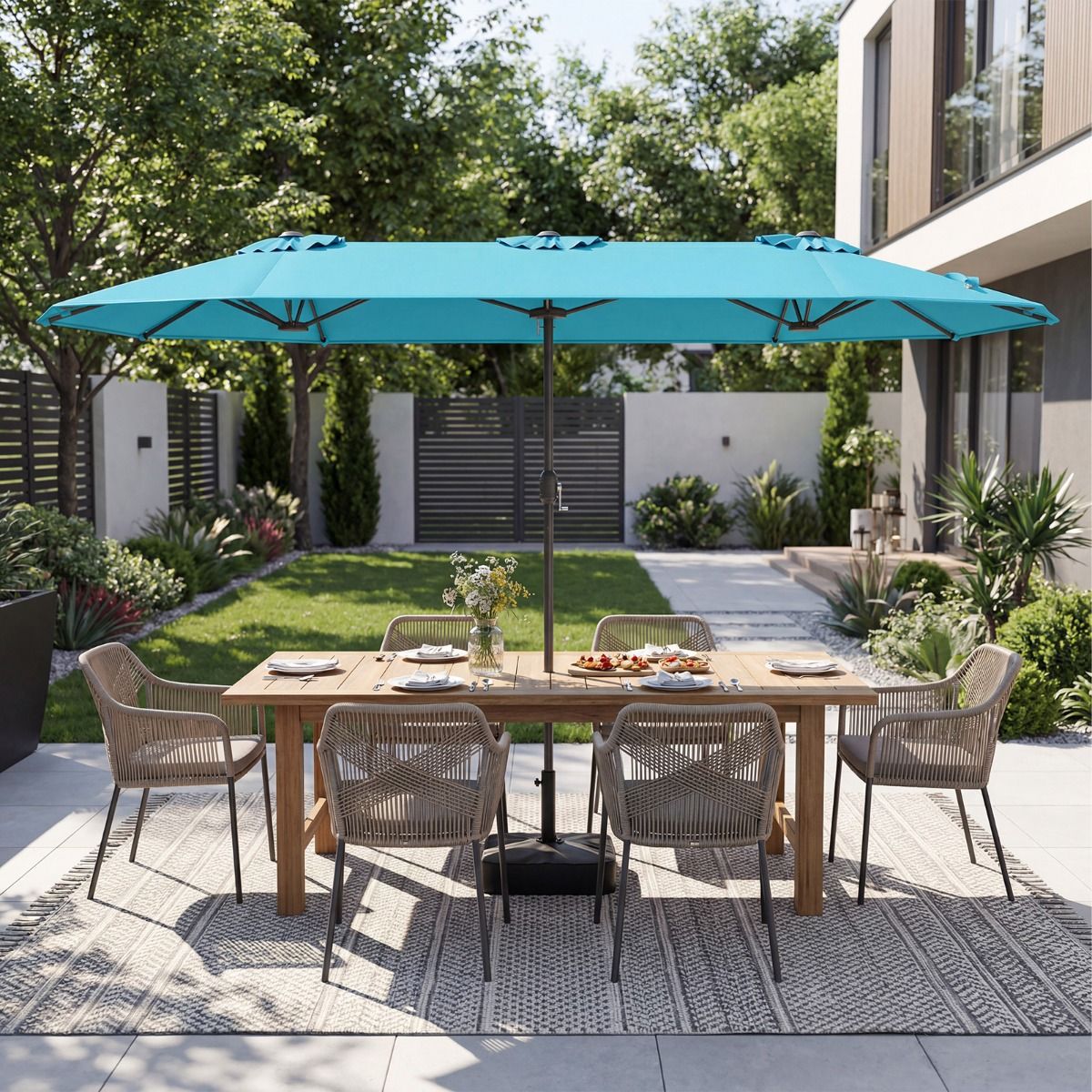 Coast Doppel-Terrassenschirm – extra großes Tuch – beschwerter Fuß – Türkis 400 x 212 cm