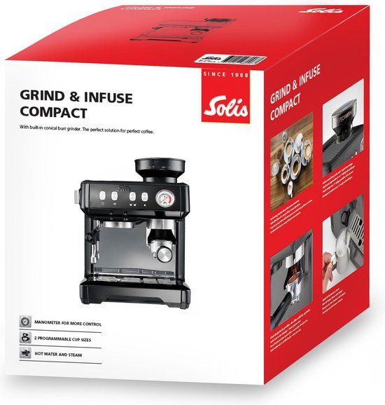 Solis Grind & Infuse Compact 1018 Kolbenmaschine - Espressomaschine - Geeignet für Pads - Edelstahl Schwarz