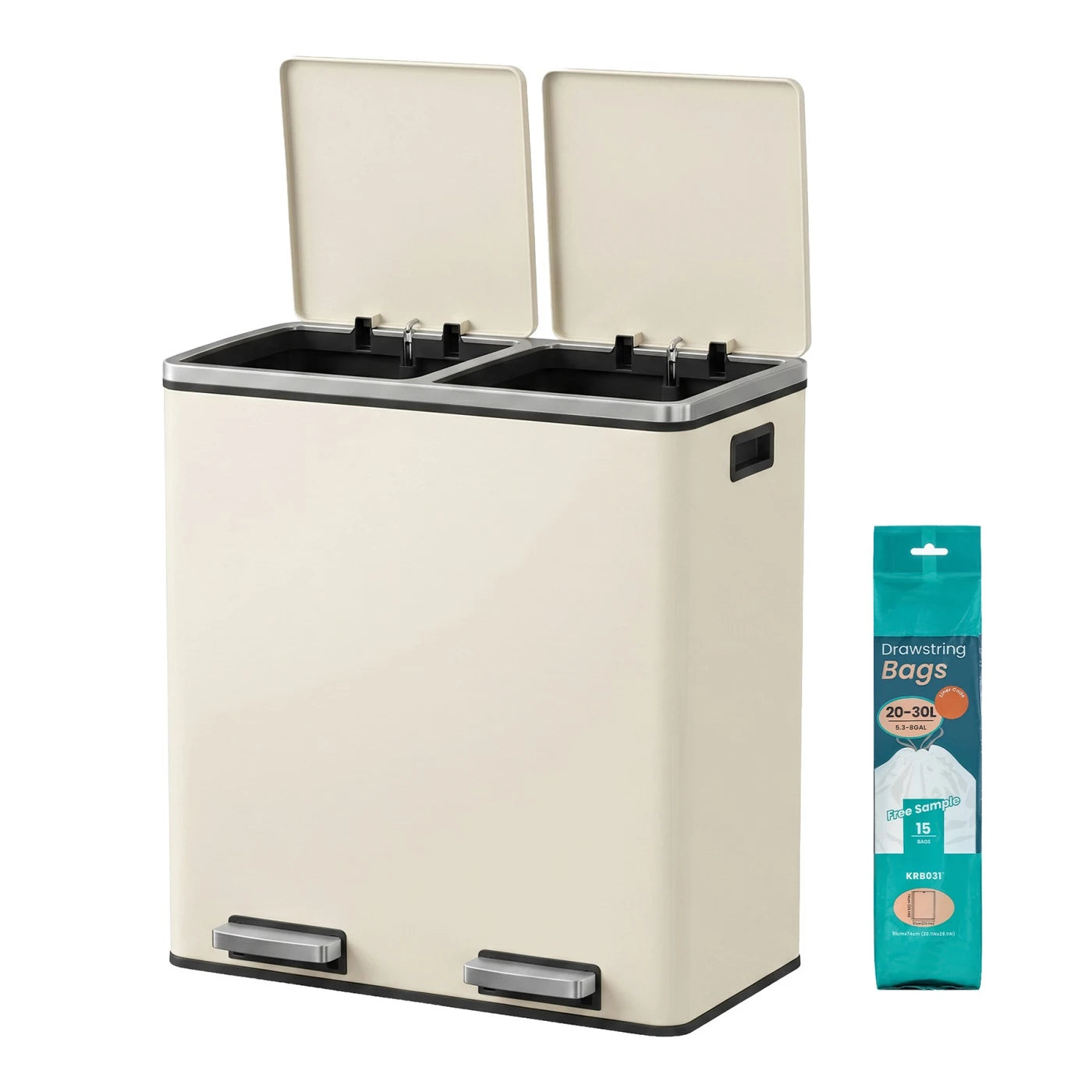 Joyfurnos Doppel-Treteimer – Creme – 2 herausnehmbare Inneneimer – Softclose-Deckel – Stahl – 59 x 32,5 x 65,2 cm