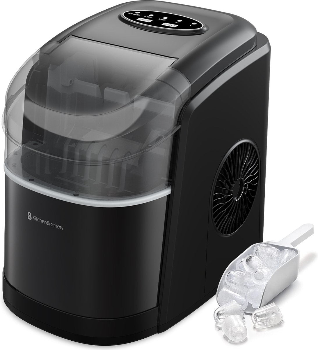 KitchenBrothers Eiswürfelbereiter - 1.6L - 8 min. - 12kg/24h - Selbstreinigungsfunktion - Mit Eisportionierer - Schwarz