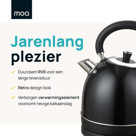 MOA Wasserkocher Retro - 2200 Watt - 1,8 Liter - Edelstahl - BPA-frei - Elektrisch - Schwarz - EK3TB