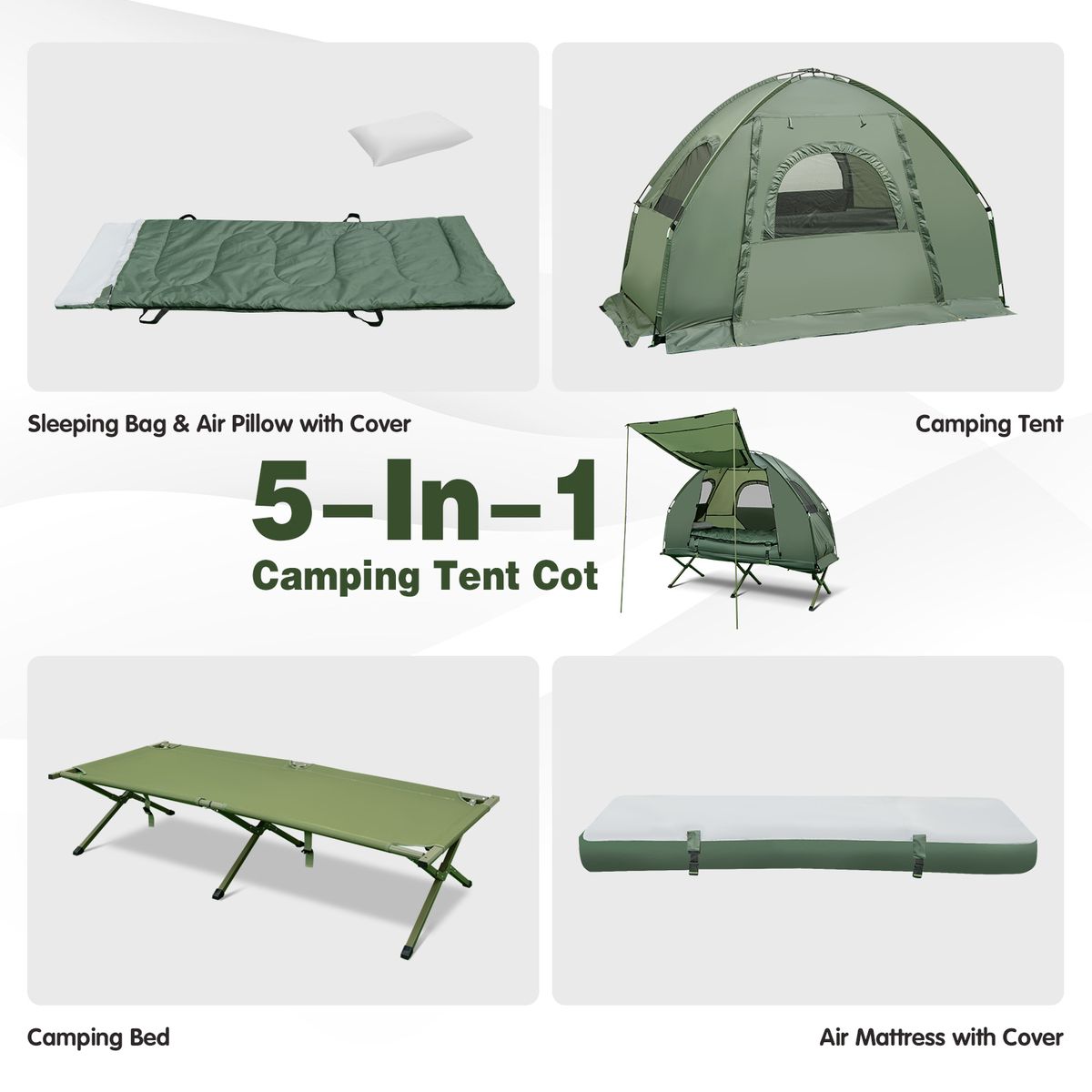 Coast Feldbett mit Zelt – 5-in-1-Camping-Set – Luftmatratze, Schlafsack und Kissen – Grün – 194 x 87 x 167 cm
