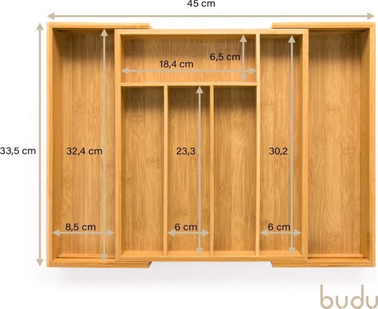 Budu Extendable Bamboo Cutlery Tray #33.5 (33.5 cm tief) - Besteckkassette Holz - Besteckschublade - 33.5 x 28 - 45 cm - 5/7 Fächer