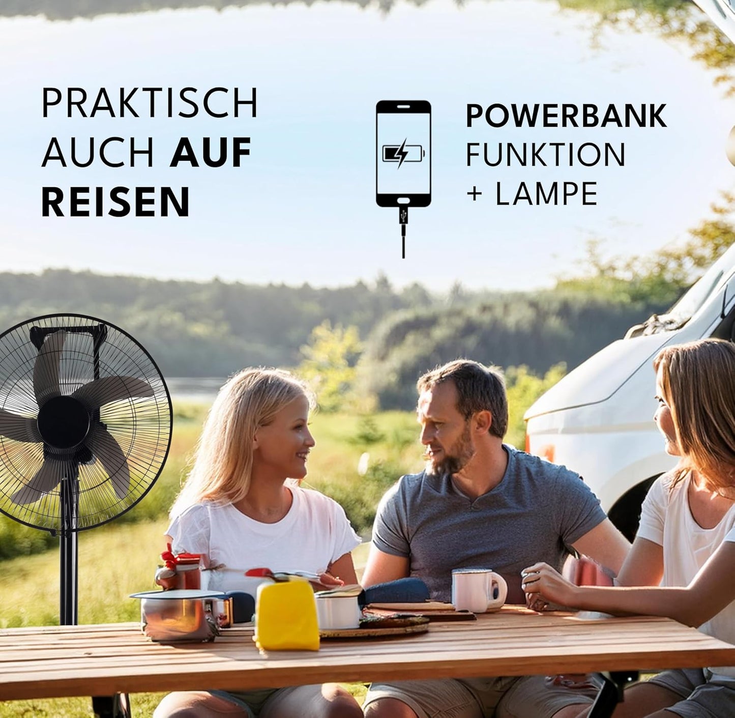 LEBENLANG Akku-Ventilator 35W - 3600 mAh - bis zu 45 Stunden Betriebsdauer - Ø 30 cm - Höhe 80-115 cm - Schwarz - Tragbarer 5-in-1 Ventilator mit Fernbedienung