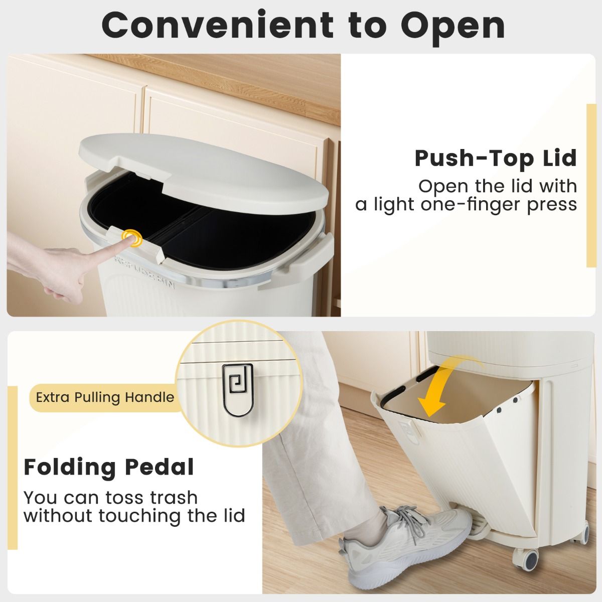 Coast Mülltrennungsbehälter auf Rädern – 3 Fächer – Pedal und Druckknopf – Beige – 38 Liter