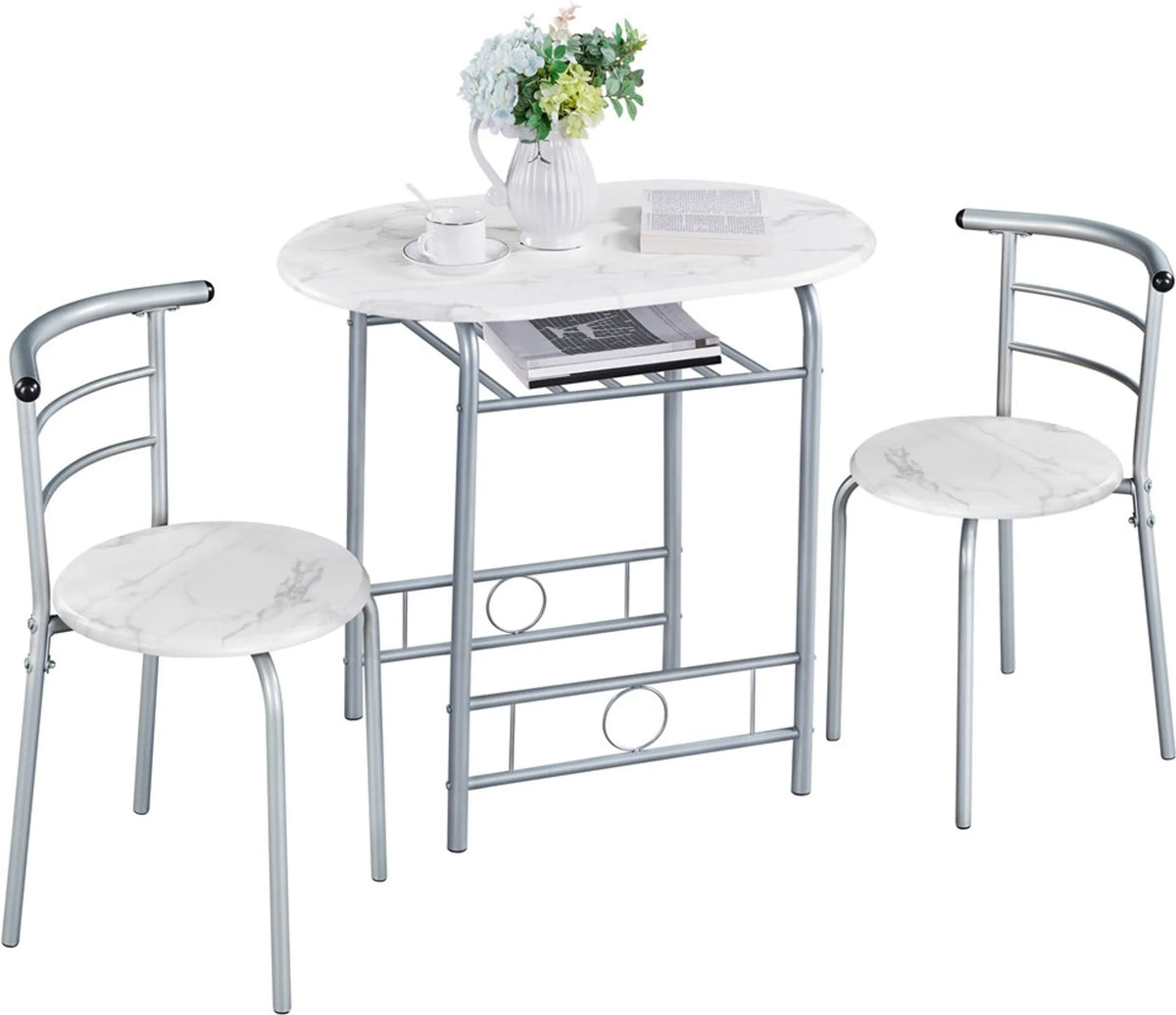 3-teilige Essecke mit Tisch und 2 Stühlen in Holzoptik aus MDF und mit Metallgestell in Weiß, 80 × 53 × 73,5 cm