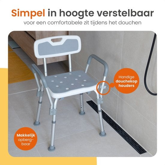 Goliving Verstellbarer Duschstuhl - Abnehmbare Arm- und Rückenlehne - Duschhocker mit Duschkopfhalterung - Anti-Rutsch - 3,2 kg - Höhe 70-84 cm - Weiß