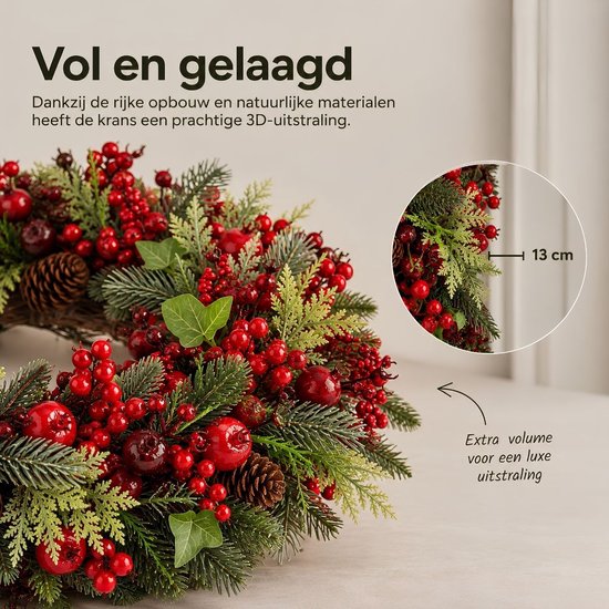 Mica Decorations Norah Weihnachtskranz mit Tannenzapfen – Weihnachtsdekoration im traditionellen Stil – Türkranz für den Flur oder die Haustür – H 13 x Ø 50 cm – Rot und Grün