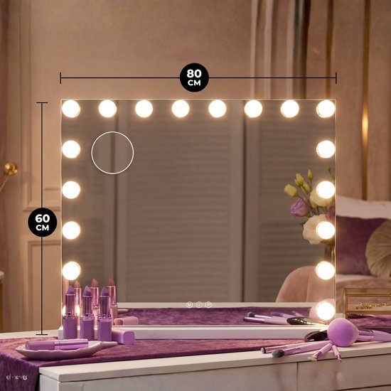 Bayt Hollywood-Spiegel – Make-up-Spiegel – Spiegel – Hollywood-Spiegel 80 x 60 – Dimmbar – 10-fache Vergrößerung – Mit Beleuchtung und Bluetooth – USB-Anschluss – 80 x 60 – Weiß