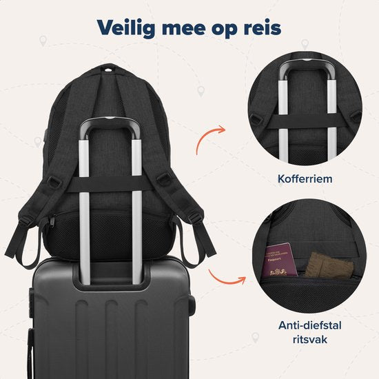 TRVLMORE Rucksack mit Lifetime - Rucksack mit 15.6 Zoll Laptopfach - Schultasche - Spritzwassergeschützt - Männer und Frauen - Jungen und Mädchen - 28L - Schwarz