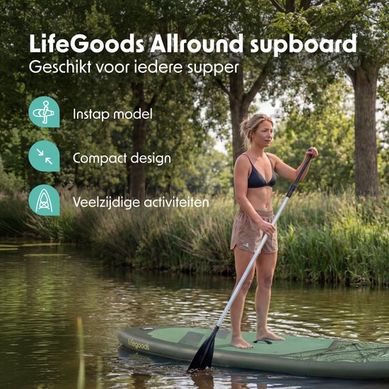 LifeGoods SUP Board All-round Compact - 100 KG Belastbarkeit - 300 x 76 cm - Aufblasbar - Komplettes SUP Paket - Grün/Leger Grün