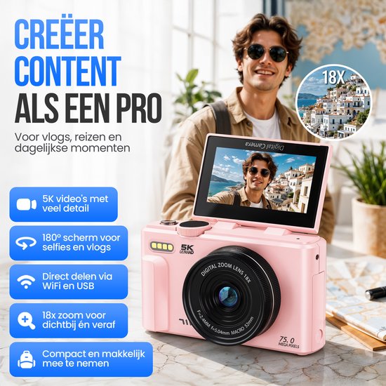Strex Digitalkamera 5K 75 MP – Fotokamera – Kompaktkamera mit WLAN – Vlog-Kamera – Fotokamera für Kinder – 18-facher Zoom – schwenkbares Display – Rosa