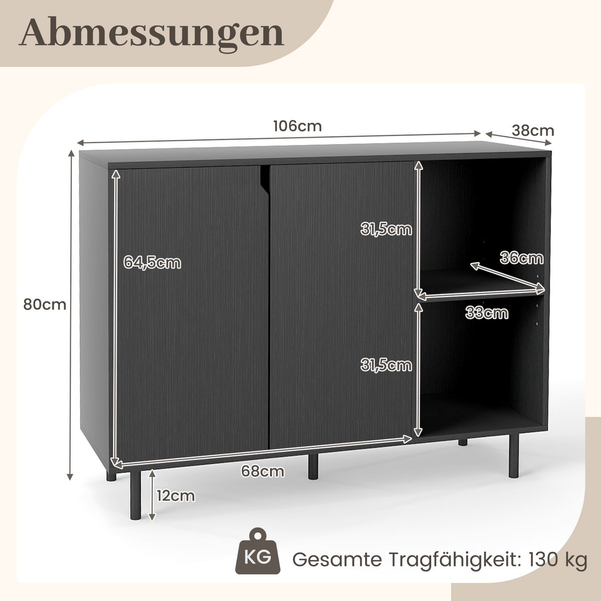 Coast Kommode mit 4 Fächern und 2 Türen – verstellbare Einlegeböden – schwarz – 106 x 38 x 80 cm