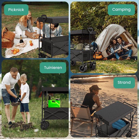 Avalo Wagon mit Dach XL - faltbar - bis zu 110KG - 97x60x105 CM - 120L - 360º Räder - Schwarz