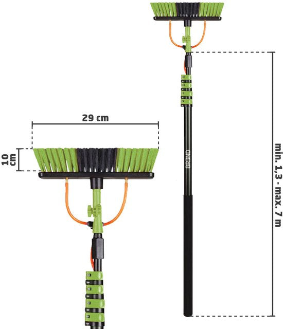 BREND BR-2237 Teleskop-Waschbürste ausziehbar bis zu 7 Meter - 5-teilige Wasserbürste mit Seifenspender - Für Fassaden, Dachziegel und Solarpaneele