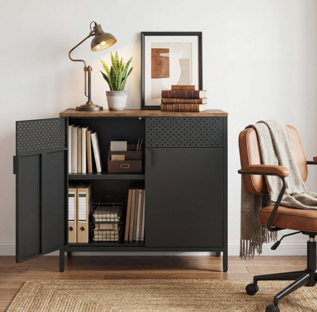 Joyfurnos Schwarzer Aufbewahrungsschrank mit Tür und verstellbarem Einlegeboden – 80 x 40 x 76 cm
