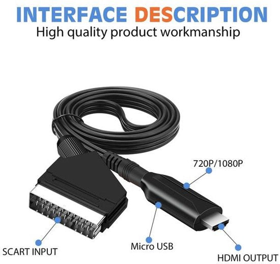 SCART-zu-HDMI-Adapter – 1080p/720p All-in-One-SCART-zu-HDMI-Audio-Video-Adapter - Im Lieferumfang enthalten: HDMI-Kabel, SCART-Eingangskabel und HDMI-Ausgang – Kompatibel mit HD-Fernsehern, Set-Top-Boxen, VHS-Geräten, Xbox, PS3, Sky, DVD und Blu-ray