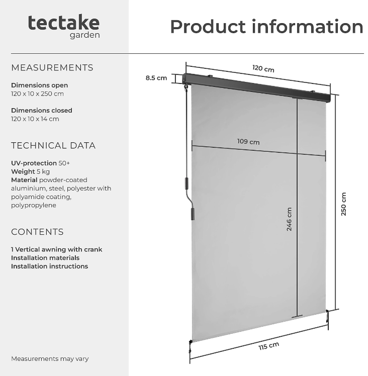 tectake Vertikale Markise Eloise – Ausziehbar – 120 x 250 cm – Hellgrau