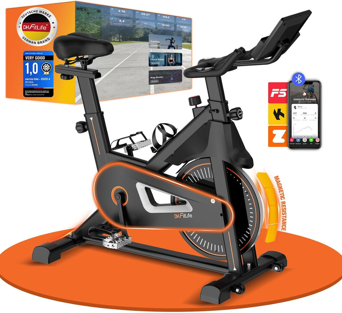 DH FitLife Magnet-Heimtrainer – Schwarz – 120 x 53 x 110 cm – Leise, verstellbar, Herzfrequenzmesser