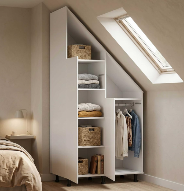 VDD Kleiderschrank für schräge Wand – 182 x 47 x 91 cm – Weiß – Schiebetüren – 2 Einlegeböden – Kleiderstange