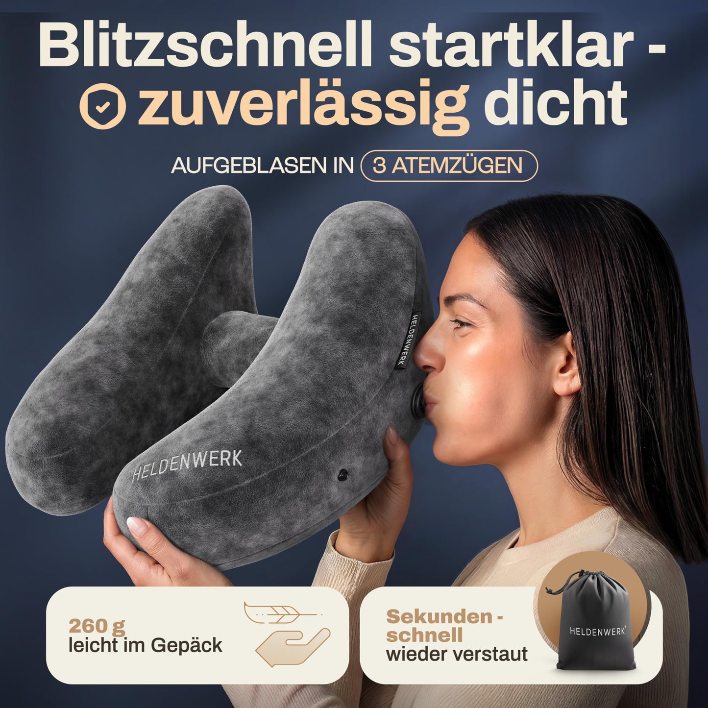 Heldenwerk Nackenkissen – Aufblasbar – Komfortventil – Kapuze – Large – Dunkelgrau