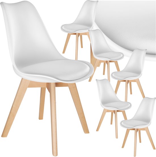 tectake® Esszimmerstuhl Frederikke – 6er-Set Esszimmerstühle mit gepolsterter Stoffsitzfläche – Beine aus Massivholz – Ergonomische Stühle, geeignet für Wohnzimmer, Esszimmer, Schlafzimmer und Küche – Belastbarkeit 120 kg – Weiß