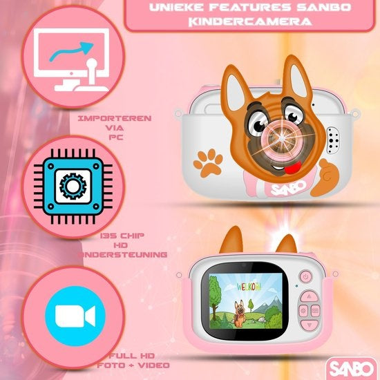Sanbo T31 Pro Kinderkamera - Rosa / Weiß - Inkl. 32Gb Sd-Karte und Lesegerät - Kamera Kinder - Vlogging - Spielkamera - Digital