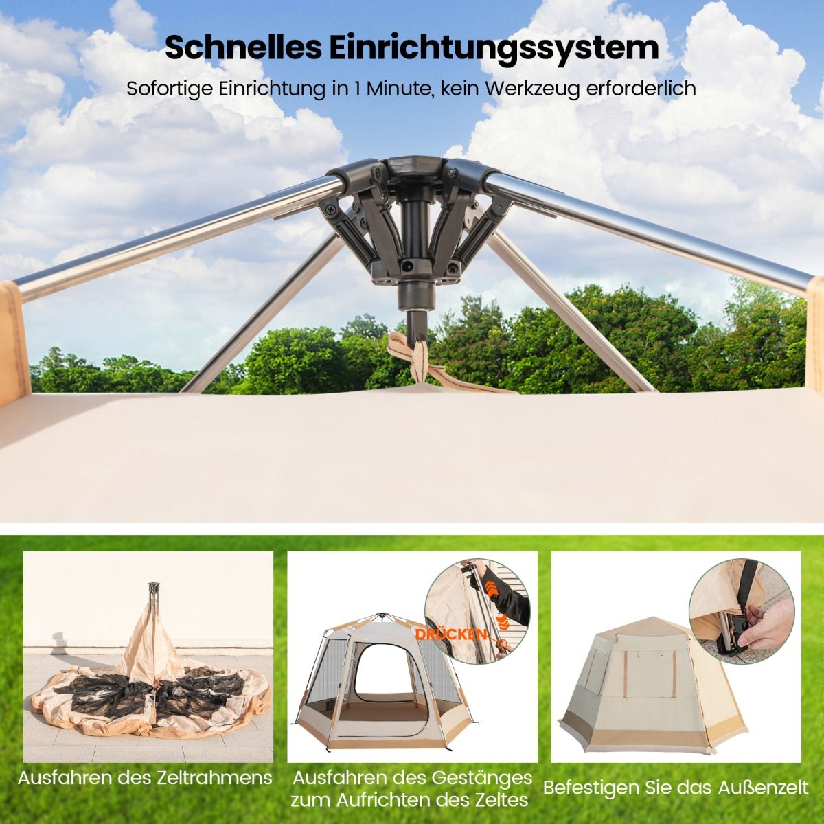Coast Pop-up-Zelt – Automatischer Aufbau – Zweischichtiges Kabinenzelt – Beige 330 x 270 x 200 cm