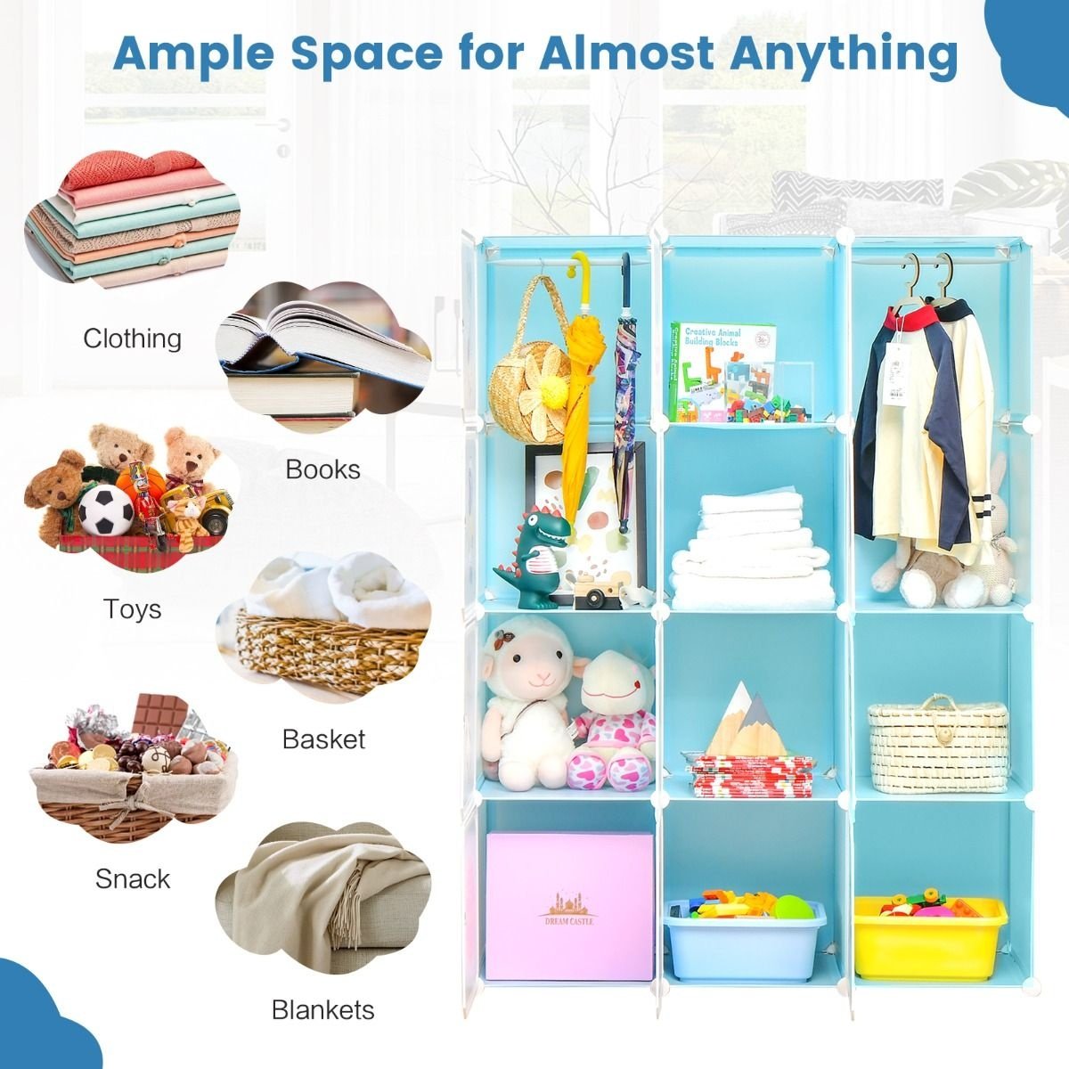 Kleiderschrank für Kinder Baby Kleiderschrank mit 2 hängenden Sektionen & 12 Würfel Cute Cartoon Kommode für Kinderzimmer Spielzimmer