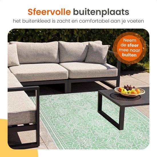 Goliving Outdoor Teppich Sommer Flora - 183x290CM - Gartenteppich - Outdoor Teppich - Teppich - Gartenteppich - Reversibel - Inkl. Tragetasche - Grün/Weiß