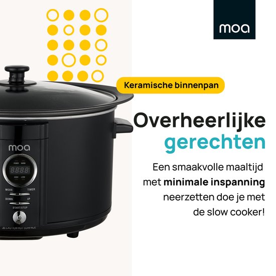 MOA Slowcooker mit Timer - 6,5L - Ø 24,5cm - Aluminium Innenbehälter - Transparenter Deckel - 3 Heizstufen - Spülmaschinenfest - BPA-frei - Schwarz