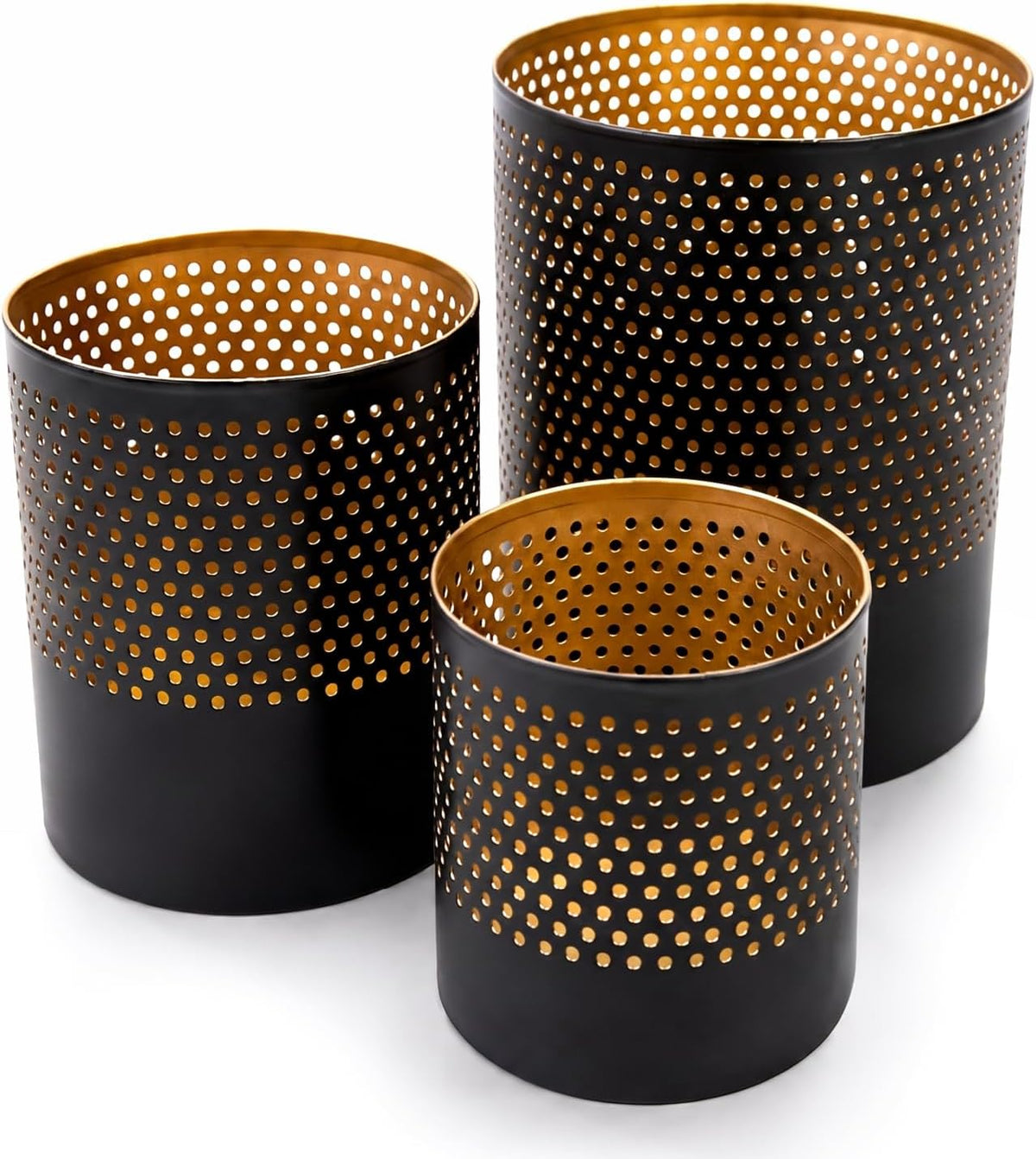 com-four® 3er-Set Metalllaternen – Schwarz/Gold – 7,5, 10 und 13 cm