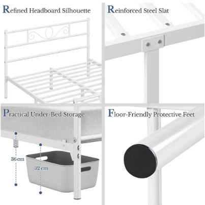 Yaheetech Metallbettgestell – Weiß – 206 x 142,5 x 88,5 cm – Matratze 140 x 200 cm – Mit Lattenrost